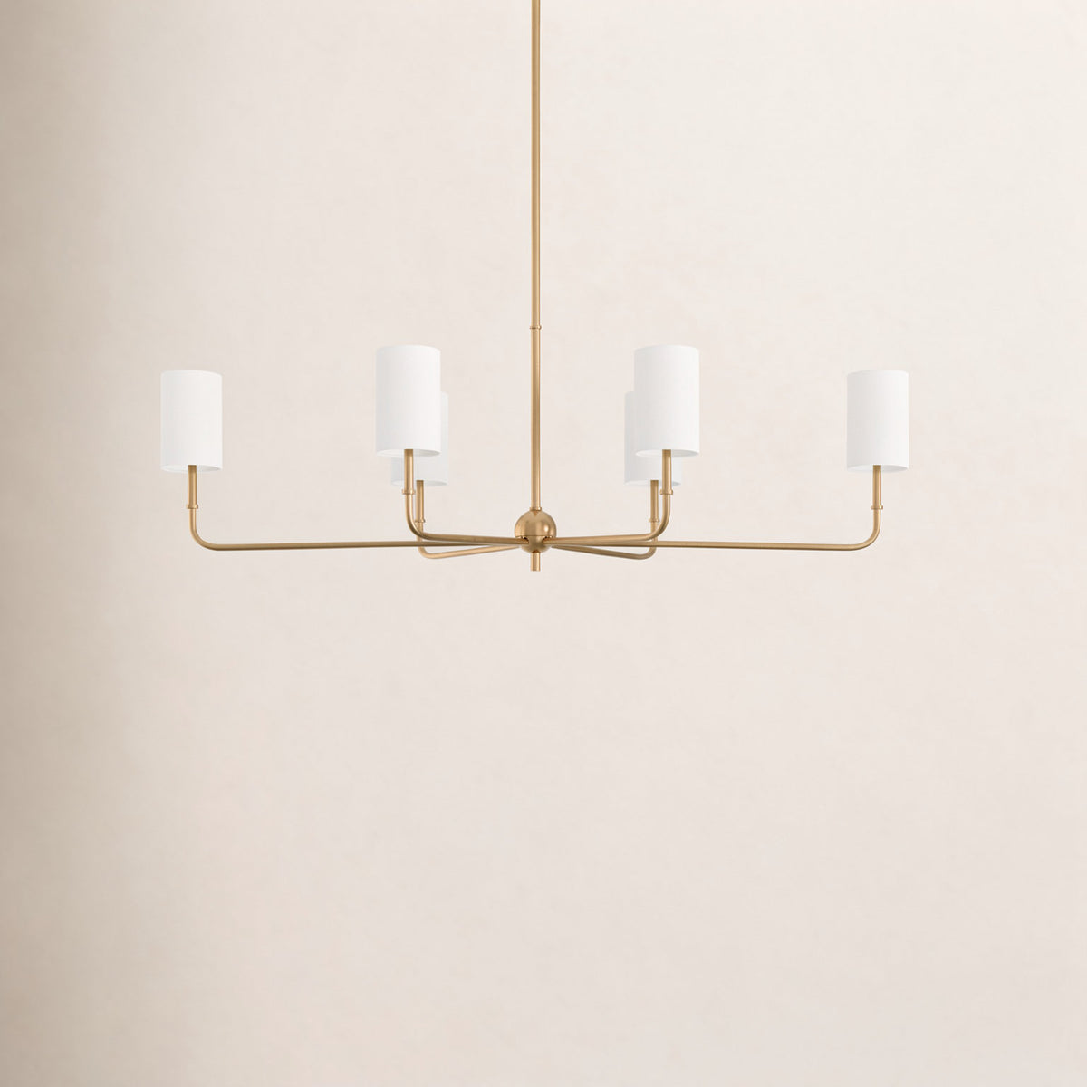 6-Light Chandelier in Satin Brass with White Shades