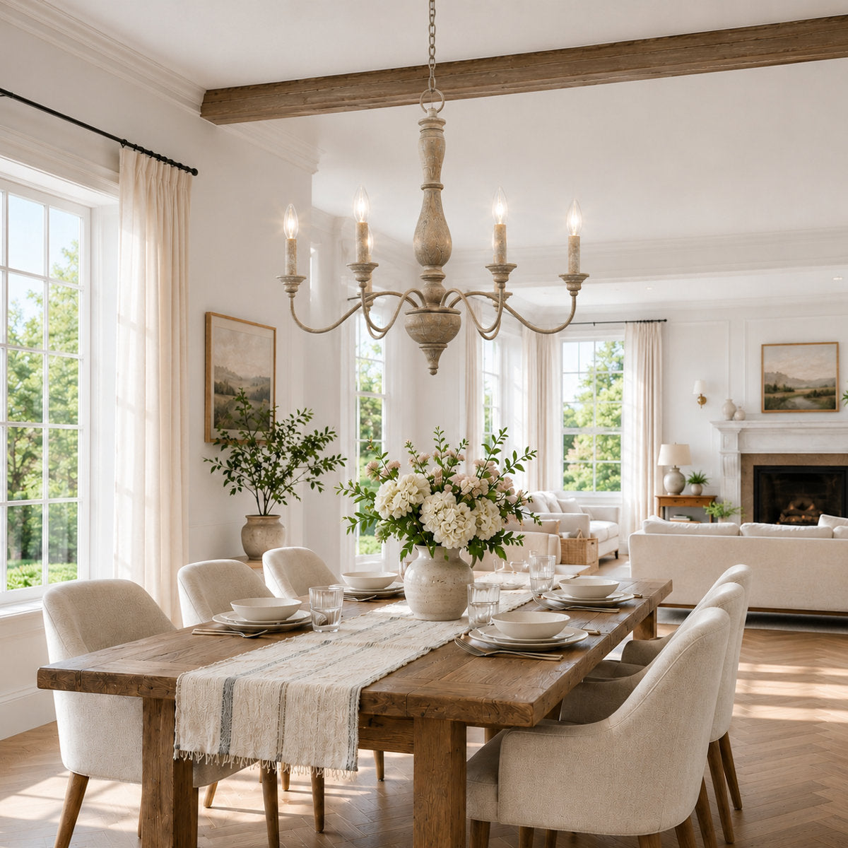 6-Light Chandelier with Distressed Iron Frame and Wood Post