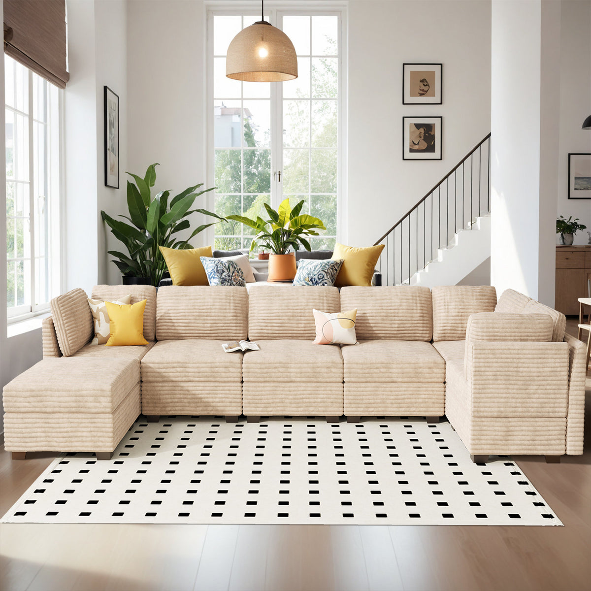 6-Piece U-Shaped Sectional Sofa, Beige Corduroy, Solid Wood Frame