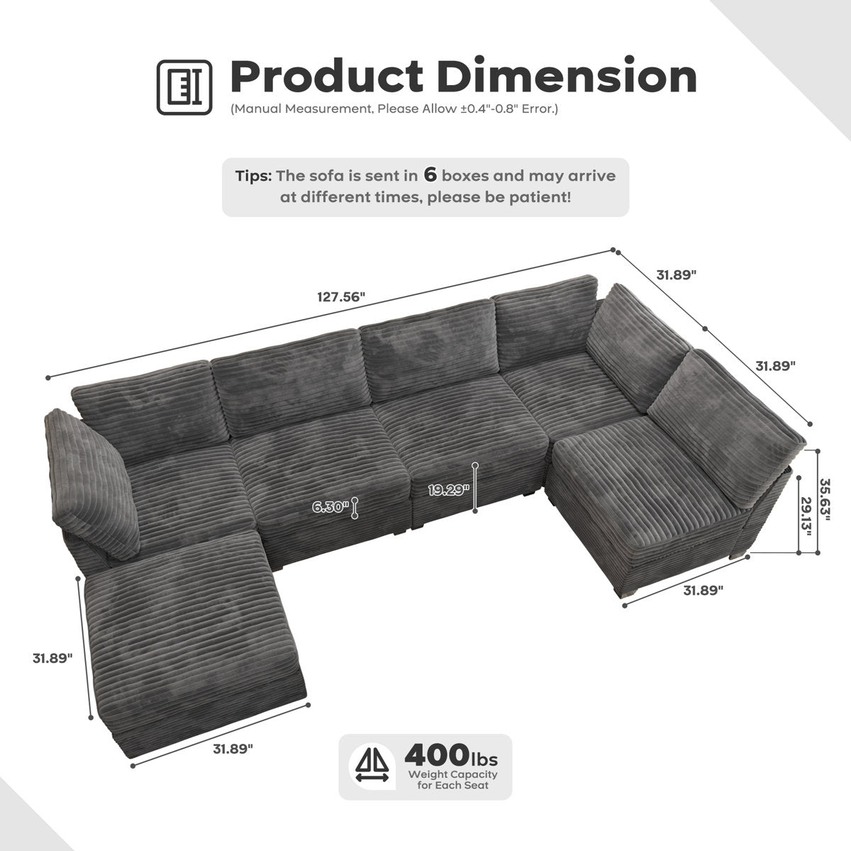 6-Piece U-Shaped Sectional Sofa in Gray Corduroy