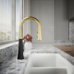 Tone™ Touchless Pull-Down Kitchen Sink Faucet with Voice Activation and Three-Function Sprayhead in Matte Black/Brass | product photo
