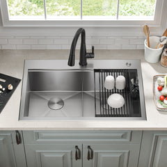 Rivet™ 33" L Workstation Kitchen Sink Drop-In Top Mount 16 Gauge Stainless Steel 50/50 Double Bowl | product photo