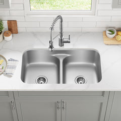 Premier 32-in L 18 Gauge Undermount 50/50 Double Bowl Stainless Steel Kitchen Sink and Commercial Style Pull Down Faucet in Spot-Free Stainless Steel in Satin | product photo