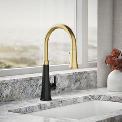 Tone™ Touchless Pull-Down Kitchen Sink Faucet with Voice Activation and Three-Function Sprayhead in Matte Black/Brass | product photo