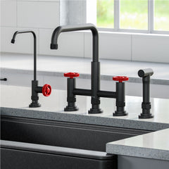 Urbix Industrial Bridge Kitchen Faucet and Water Filter Faucet Combo in Matte Black/Red | product photo