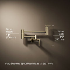 Kohler Wall-Mount Pot Filler Faucet, Swing Arm Kitchen Pot Filler Faucet in Vibrant French Gold | product photo