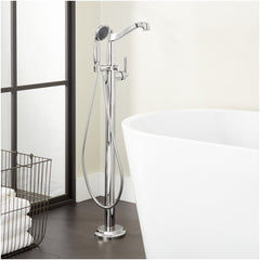 Pendleton Freestanding Tub Faucet with Hand Shower and Rough-In Valve with Stops, Brushed Nickel | product photo