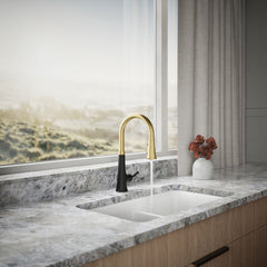 Tone™ Touchless Pull-Down Kitchen Sink Faucet with Voice Activation and Three-Function Sprayhead in Matte Black/Brass | product photo