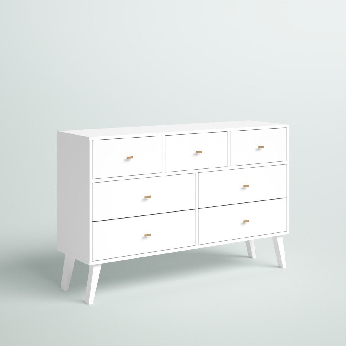 7-Drawer Dresser, 52.5 in Wide, White Engineered Wood with Angled Legs