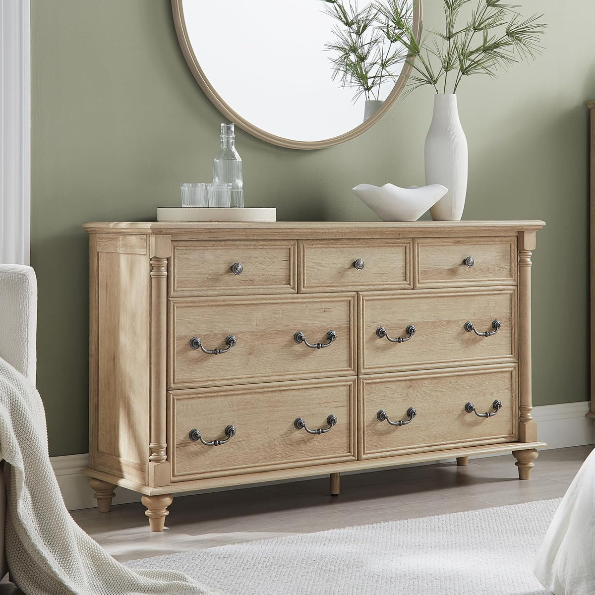 7-Drawer Dresser in Natural Oak with Solid Wood Legs