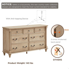 7-Drawer Dresser in Natural Oak with Solid Wood Legs