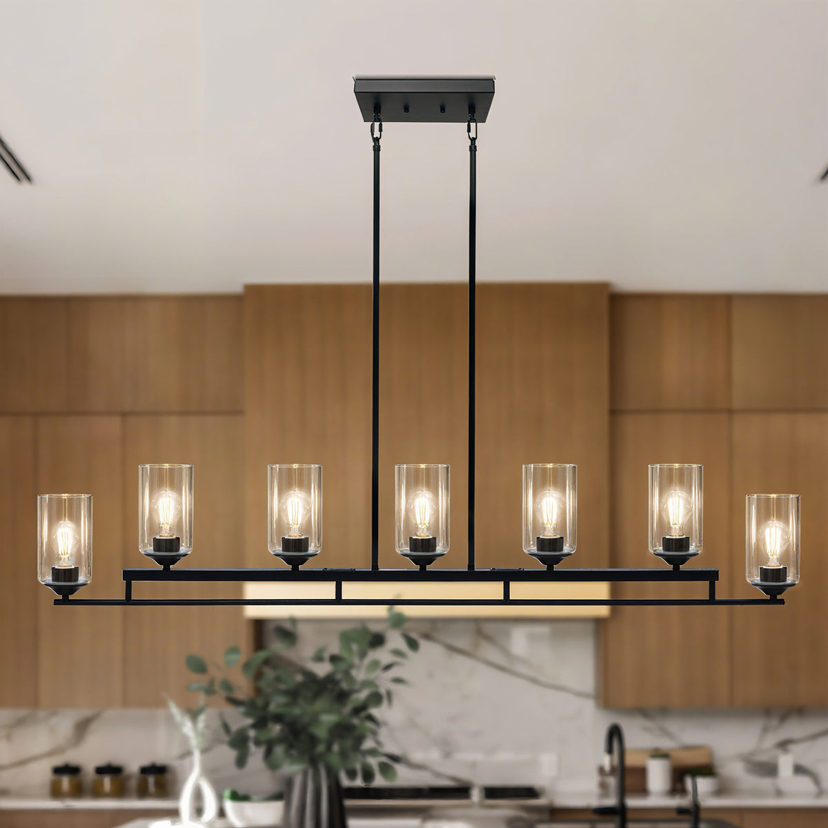 7-Light Kitchen Island Pendant in Matte Black with Clear Glass Shades