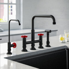 Urbix Industrial Bridge Kitchen Faucet and Water Filter Faucet Combo in Matte Black/Red | product photo