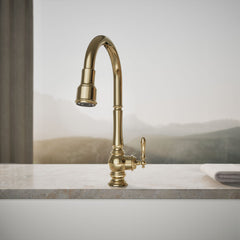 Kohler Artifacts Touchless Pull Down Kitchen Sink Faucet with Three-Function Sprayhead in Vibrant French Gold | product photo