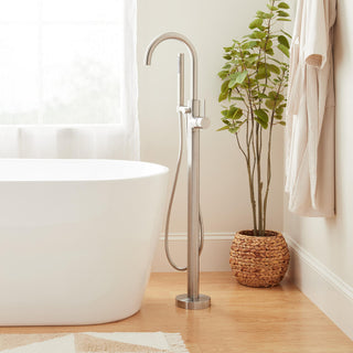 Lexia Floor Mounted Tub Filler Faucet with Hand Shower and Valve in Brushed Nickel