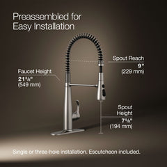 Kohler Simplice Single Handle Semi-Professional Pre-Rinse Kitchen Sink Faucet with Three-Function Pull Down Sprayer | product photo