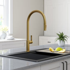 Oletto Single Handle Pull-Down Kitchen Faucet in Brushed Brass | product photo