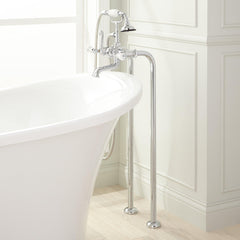 Telephone Style Floor Mounted Tub Faucet with Porcelain Lever Handles in Chrome | product photo