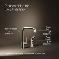 Kohler Purist Two-Hole Kitchen Sink Faucet with 8" Spout and Matching Finish Sidespray in Vibrant Polished Nickel | product photo