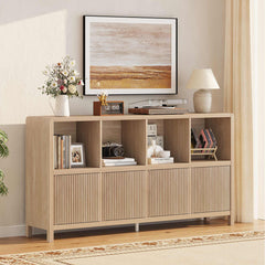 8-Cube Bookshelf with Cabinet Doors in Light Walnut Manufactured Wood