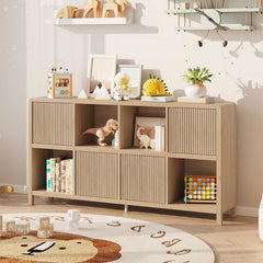 8-Cube Bookshelf with Cabinet Doors in Light Walnut Manufactured Wood