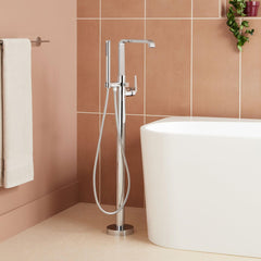 Drea Floor Mounted Tub Filler with Built-In Diverter in Chrome | product photo