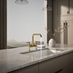 Kohler Purist Two-Hole Deck-Mount Bridge Kitchen Sink Faucet in Vibrant Brushed Moderne Brass | product photo