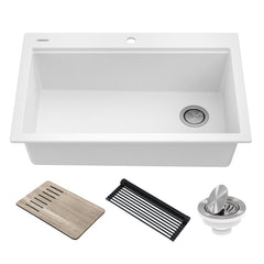 Bellucci Workstation 33 in. Drop In Single Bowl Quartz Composite Kitchen Sink with Accessories in White | product photo