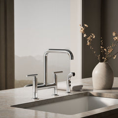 Kohler Purist Two Handle Deck-Mounted Bridge Kitchen Sink Faucet with Pull Out Side Sprayer in Polished Chrome | product photo