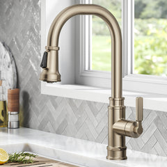 Allyn Transitional Industrial Pull-Down Single Handle Kitchen Faucet in Bronze | product photo