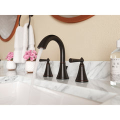 Saxton Double Handle Widespread Bathroom Faucet with Drain Assembly in Tuscan Bronze | product photo