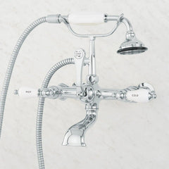 Telephone Style Wall Mounted Tub Faucet with Porcelain Lever Handles in Chrome | product photo