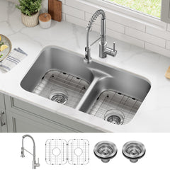 Premier 32-in L 18 Gauge Undermount 50/50 Double Bowl Stainless Steel Kitchen Sink and Commercial Style Pull Down Faucet in Spot-Free Stainless Steel in Satin | product photo