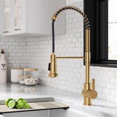 Britt Commercial Style Single Handle Pull Down Kitchen Faucet in Brushed Brass | product photo