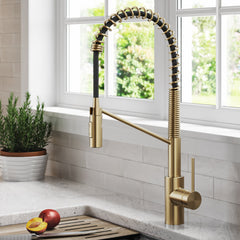 Oletto Commercial Style Single Handle Pull Down Kitchen Faucet with QuickDock Top Mount Installation Assembly in Antique Champagne Bronze | product photo