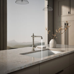 Artifacts Single-Hole Kitchen Sink Faucet with 13-1/2-in Swing Spout, Victorian Spout Design in Vibrant Polished Nickel | product photo