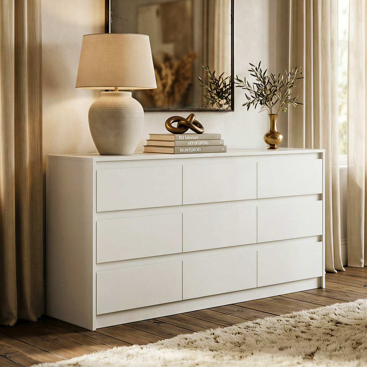 9-Drawer Dresser, Solid and Manufactured Wood, 63 Inch Wide, White