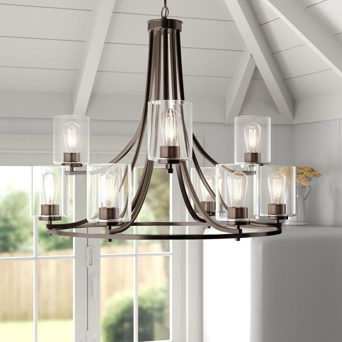 9-Light Chandelier with Clear Glass Shades in Satin Copper Bronze