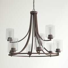 9-Light Chandelier with Clear Glass Shades in Satin Copper Bronze