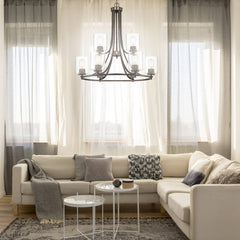 9-Light Chandelier with Clear Glass Shades in Satin Copper Bronze