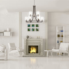 9-Light Chandelier with Clear Glass Shades in Satin Copper Bronze