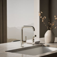 Kohler Purist Two-Hole Kitchen Sink Faucet with 8" Spout and Matching Finish Sidespray in Vibrant Polished Nickel | product photo