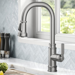 Allyn Transitional Industrial Pull-Down Single Handle Kitchen Faucet in Silver | product photo