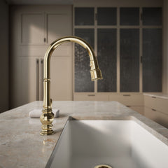 Kohler Artifacts Touchless Pull Down Kitchen Sink Faucet with Three-Function Sprayhead in Vibrant French Gold | product photo