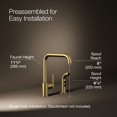 Kohler Purist Two-Hole Kitchen Sink Faucet with 8" Spout and Matching Finish Sidespray in Vibrant Brushed Moderne Brass | product photo
