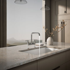 Kohler Purist Two-Hole Deck-Mount Bridge Kitchen Sink Faucet in Polished Chrome | product photo