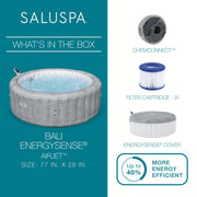 Box contents | Manufacturer graphic of the spa, ChemConnect, Type VI filter, and cover