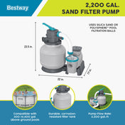 Bestway 2,200 gallon sand filter pump dimensions and filtration details