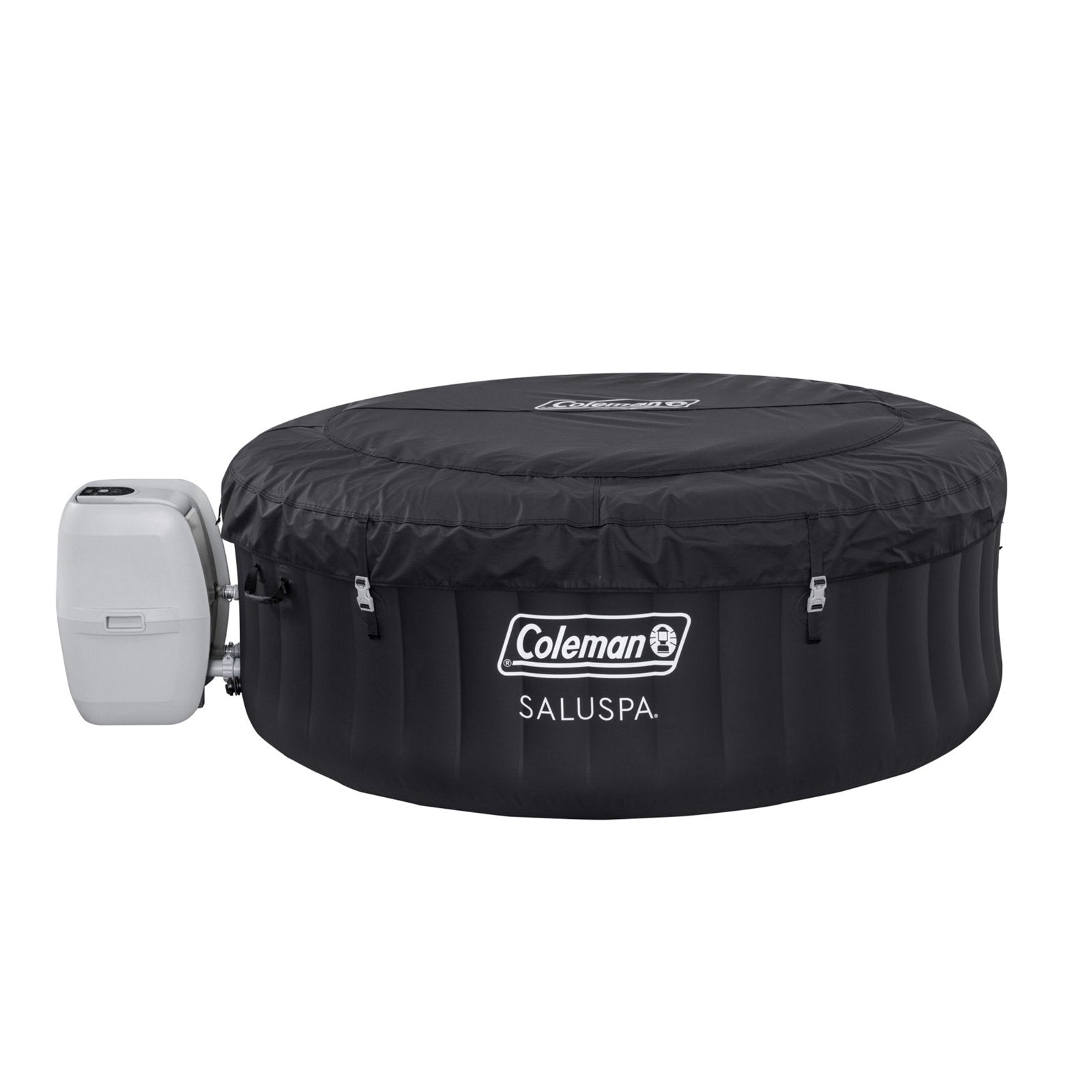 Front | Round black Coleman SaluSpa hot tub with cover on and pump attached