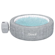 Front | Round gray woven Coleman SaluSpa Sicily hot tub filled with water, pump attached